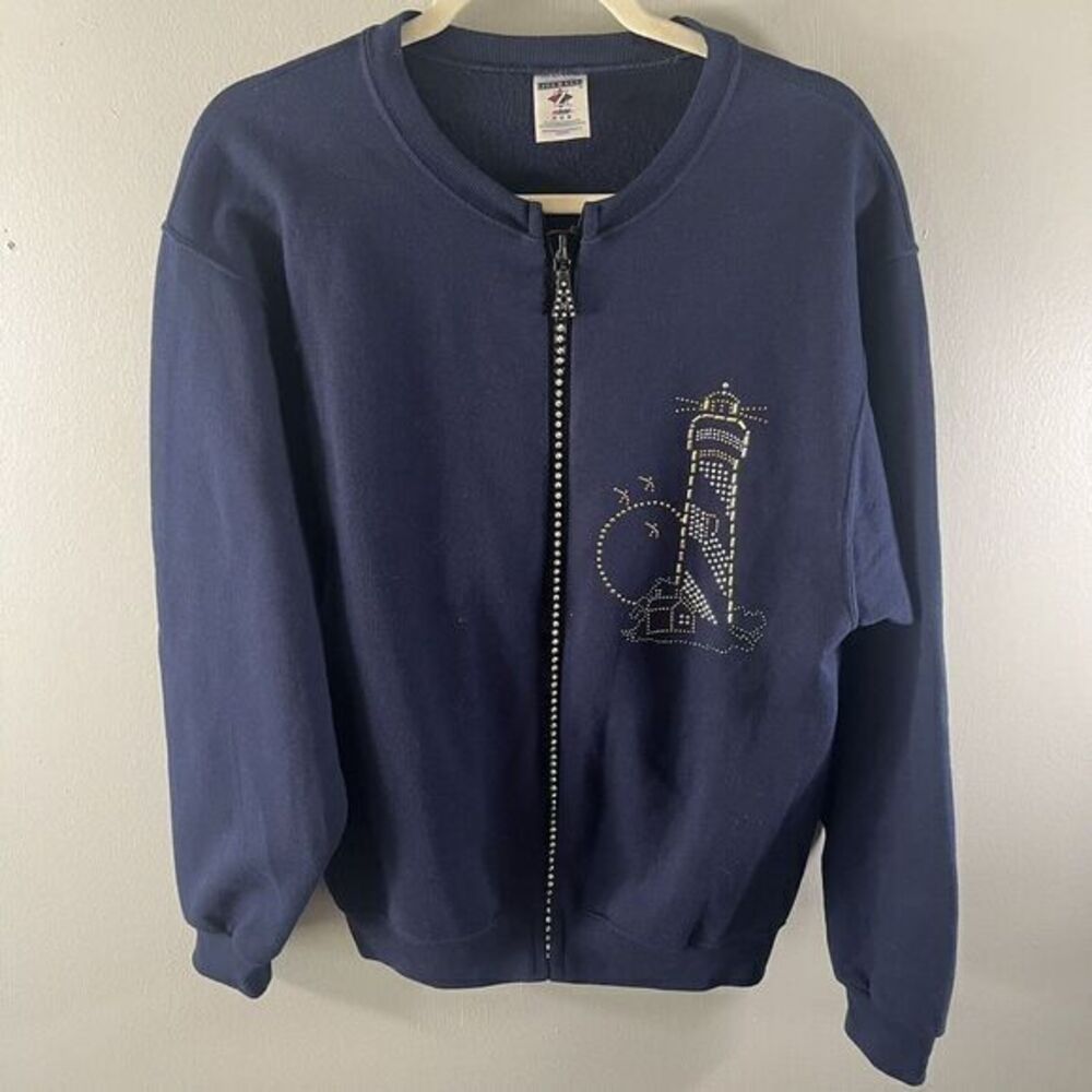 Jerzees Vintage Woman's Rhinestone Zipper Lighthouse Blue Jacket Sz M Coastal